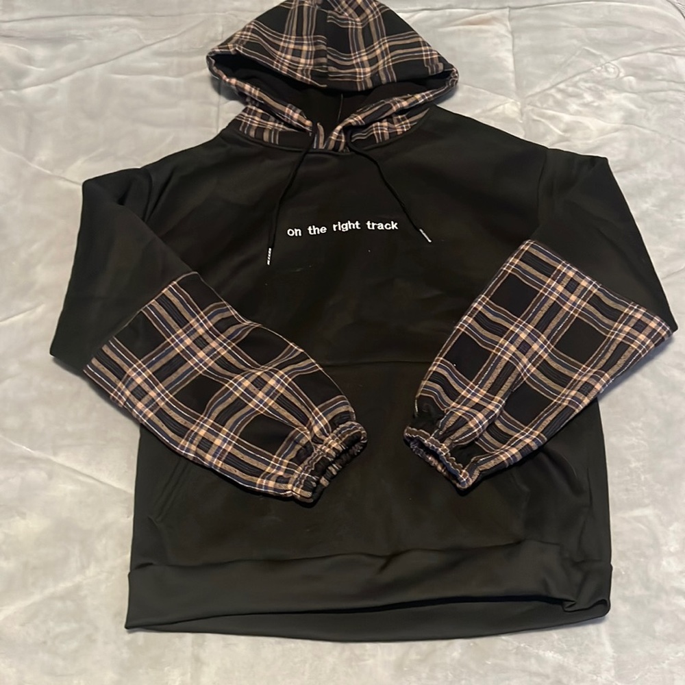 Plaid Panel Letter Embroidery Hoodie